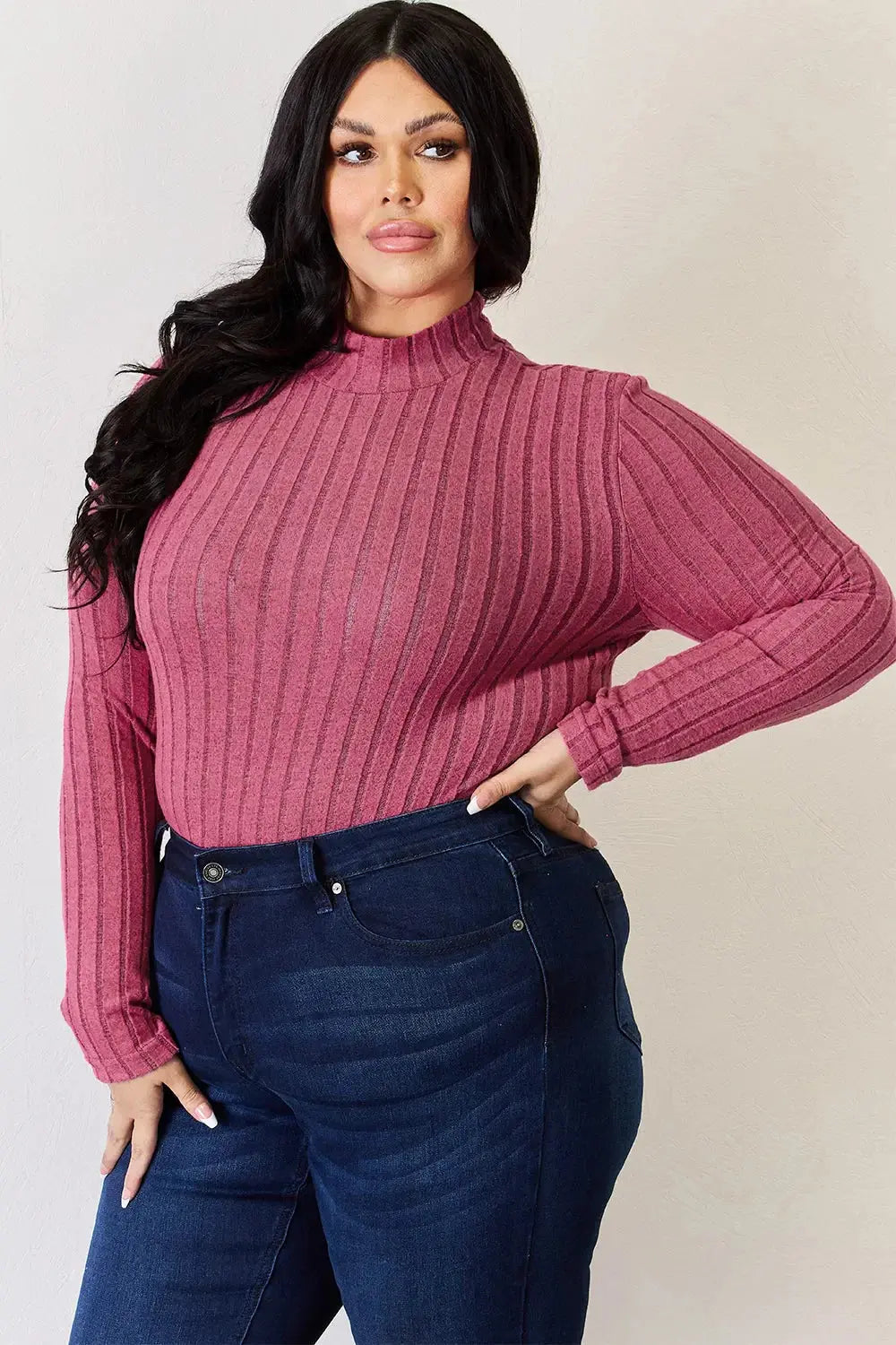 Basic Bae Full Size Ribbed Mock Neck Long Sleeve T-Shirt - Love Salve